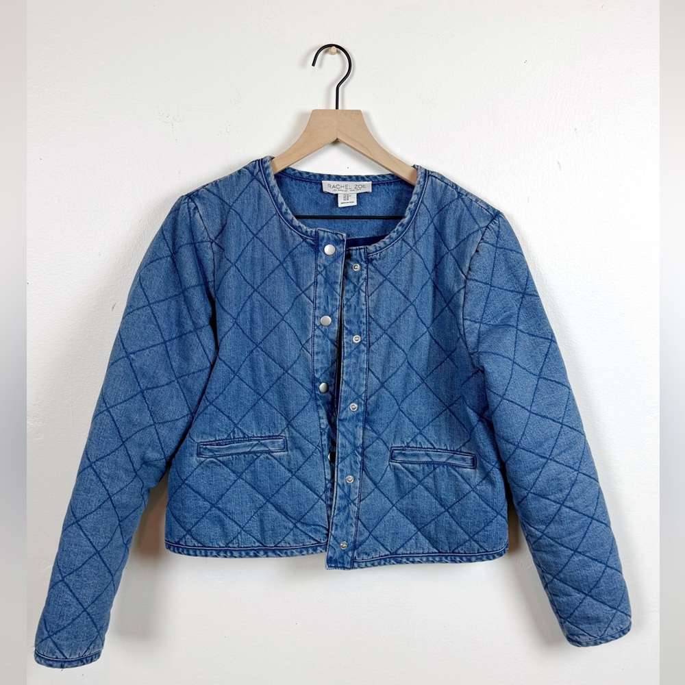 Rachel Zoe Quilted Blue Denim Jean  Jacket With Pockets medium